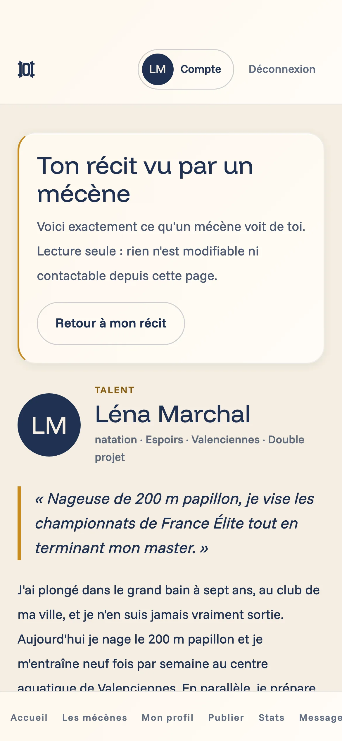 Aperçu public du récit d'une nageuse : le talent voit exactement la fiche que découvrira un mécène, avec son accroche et le début de son parcours.